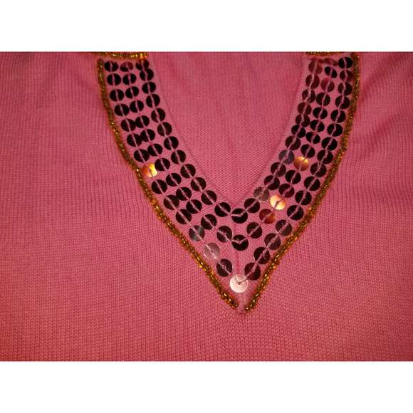 NWOT Womens Sweater-QUACKER FACTORY-pink 100% cotton sequin trim pullover 3/4-3X - Picture 4 of 5
